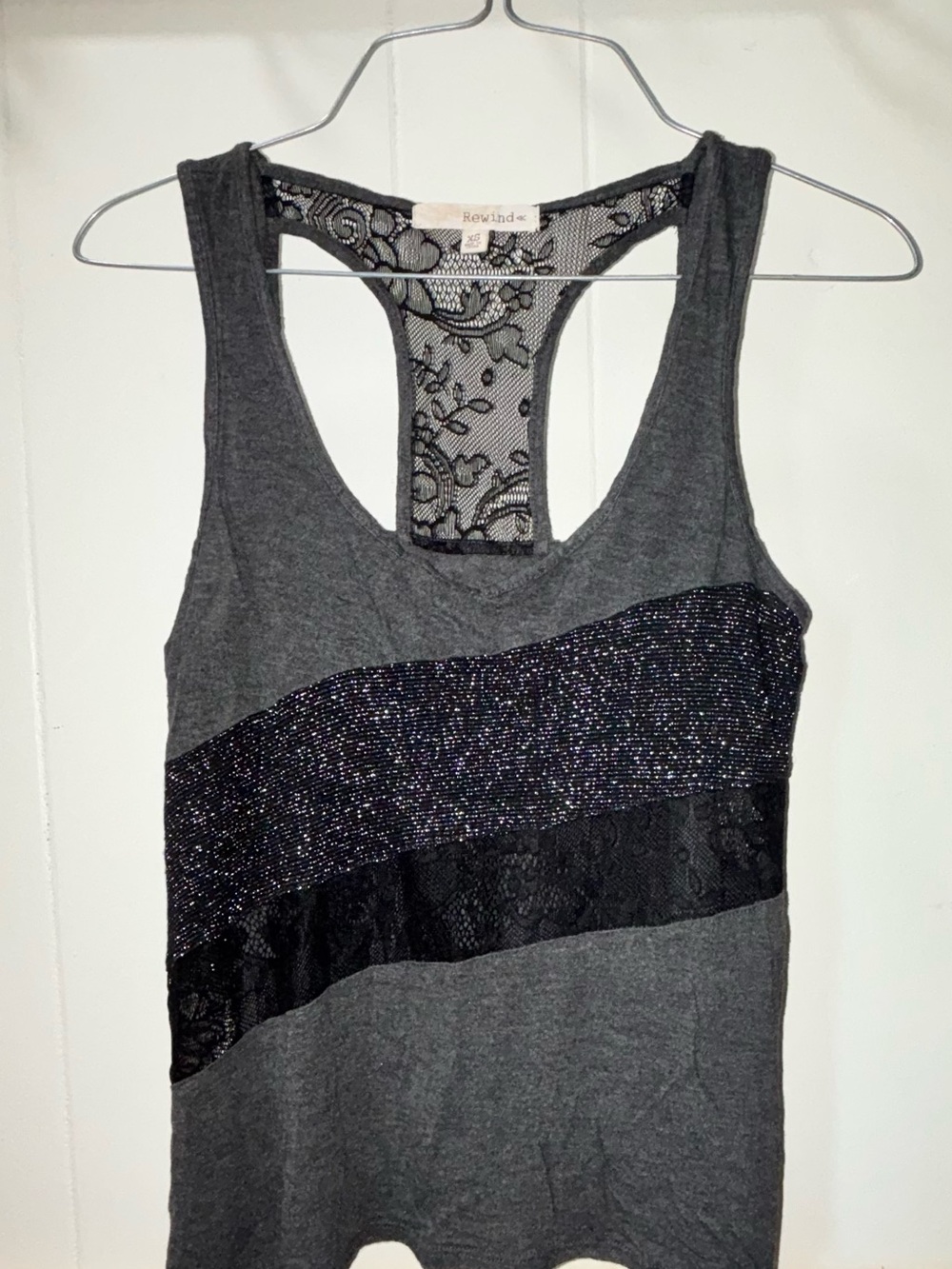 Rewind Charcoal Gray Lace-Back Sparkle Tank